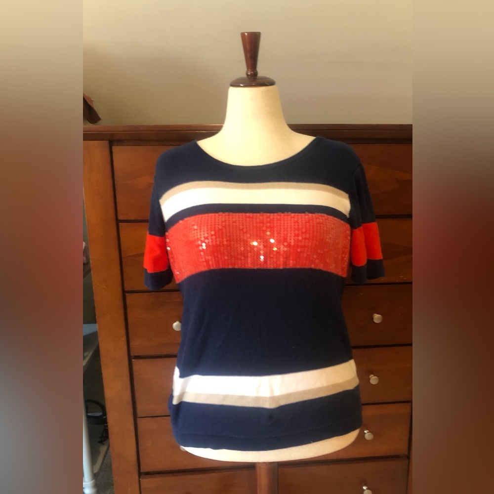 Joan Vass Navy, Red & White Striped Short Sleeve Top